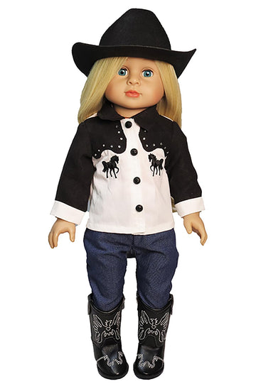 American Fashion World Western Cowboy/Cowgirl Outfit for 18 Inch Dolls - Shirt, Jeans, Black Cowboy Hat & Boots