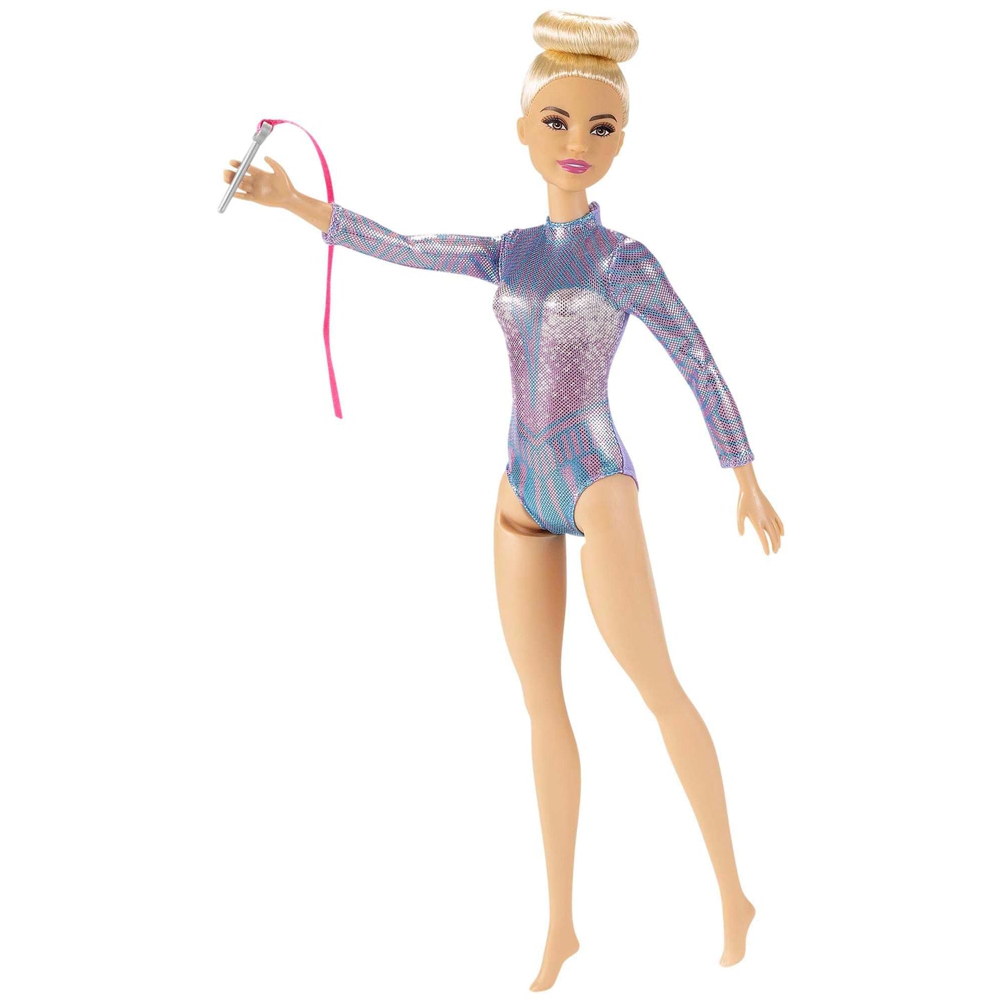 Barbie Rhythmic Gymnast Blonde Doll (12-in/30.40-cm) with Colorful Metallic Leotard, 2 Clubs & Ribbon Accessory, for Ages 3 Years Old & Up