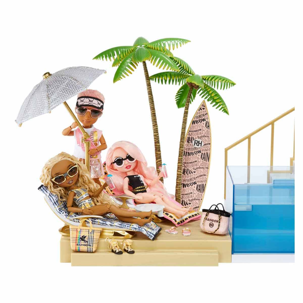 Rainbow High Color Change Playset: 7-in-1 Light-Up Multicolor Changing Pool, Adjustable Umbrella, and Pool Accessories. Fits 7 Fashion Dolls, Toy Gift