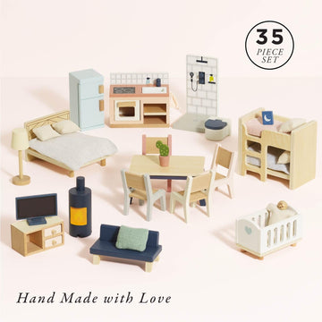 Le Toy Van - Wooden Dolls House Full Starter Furniture & Accessories Play Set for Dolls Houses | Girls or Boys Dolls House Furniture Sets - Suitable