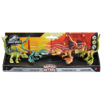 Jurassic World Bendy Biters Mini Figure 4-Pack - Stegosaurus, Velociraptor, Tyrannosaurus Rex & Dilophosaurus