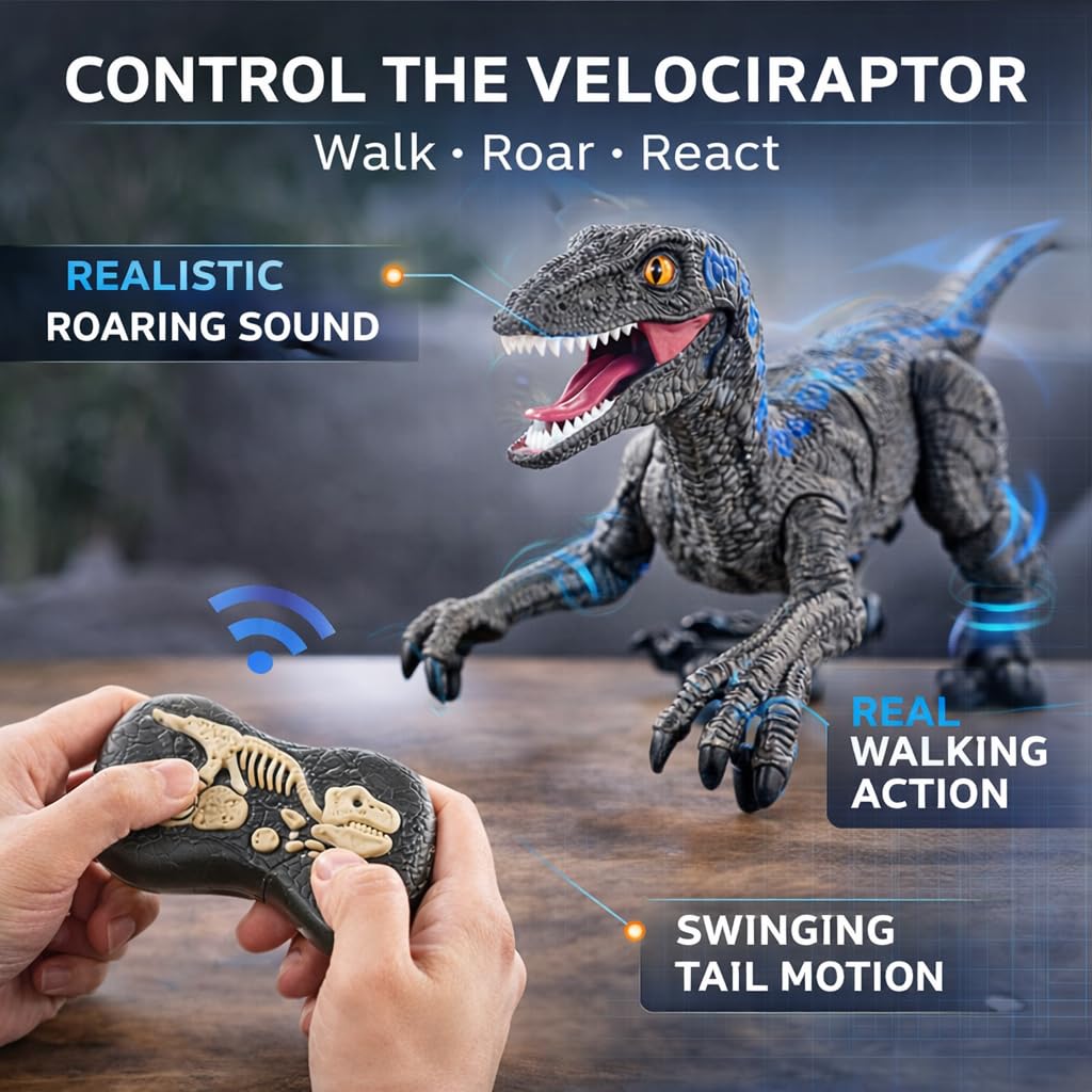 Remote Control Dinosaur Toy for Kids - RC Velociraptor Robot Dinosaur, Walking Robotic Dino with Lights & Roaring Sound, 2.4GHz Electronic Pet Dino