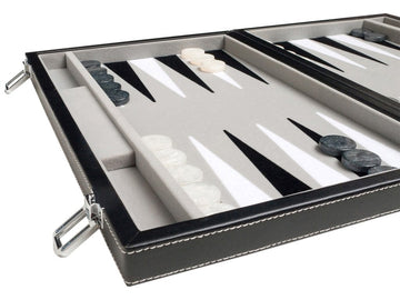 Travel Backgammon Set - Leatherette, Velvet Playing Field - 15-inch, Black/Grey