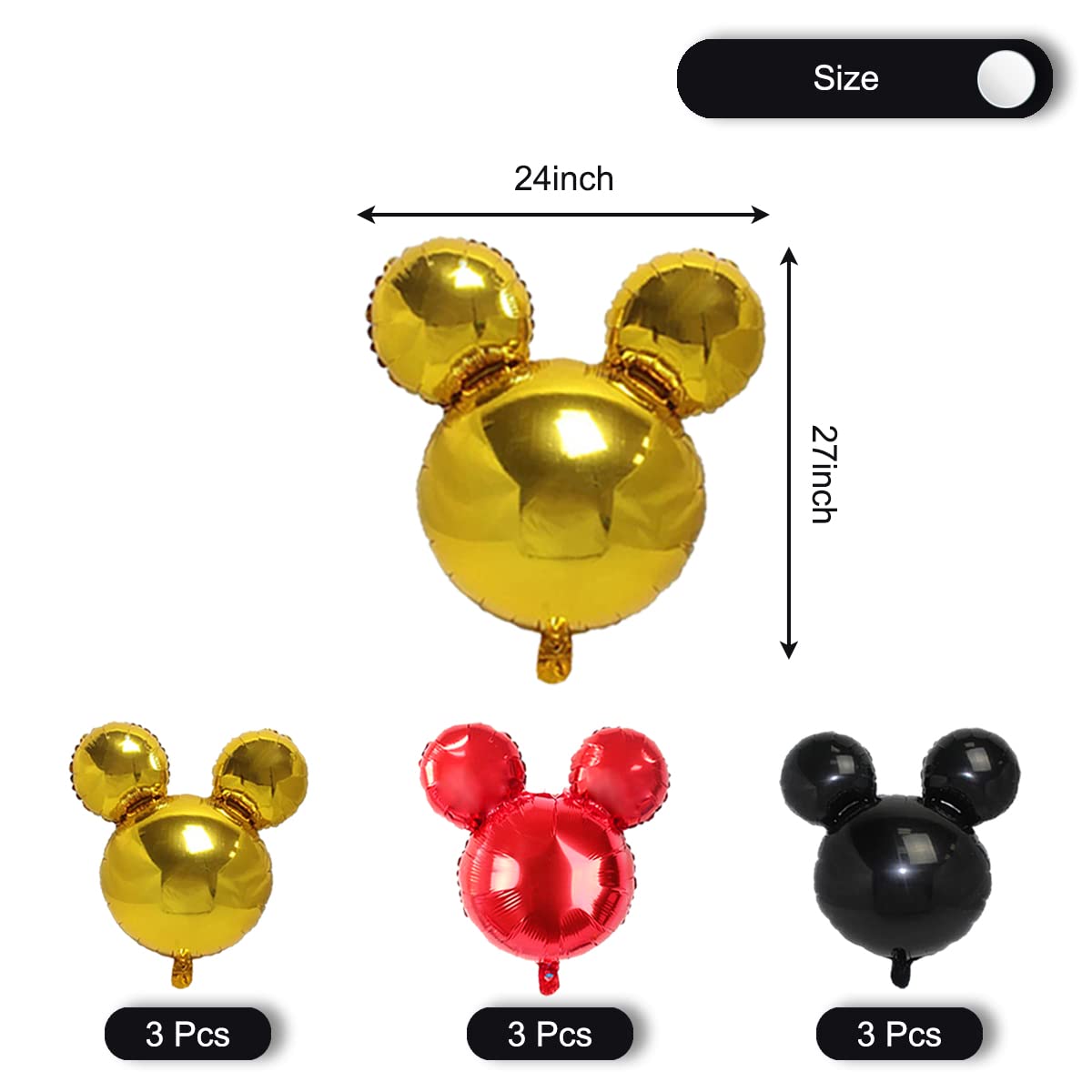 9Pack Mouse Party Foil Balloons, 27” Black Red Yellow Balloons for Cartoon Mouse Party, Baby Shower, Kids Birthday Theme Party Decoration Supplies