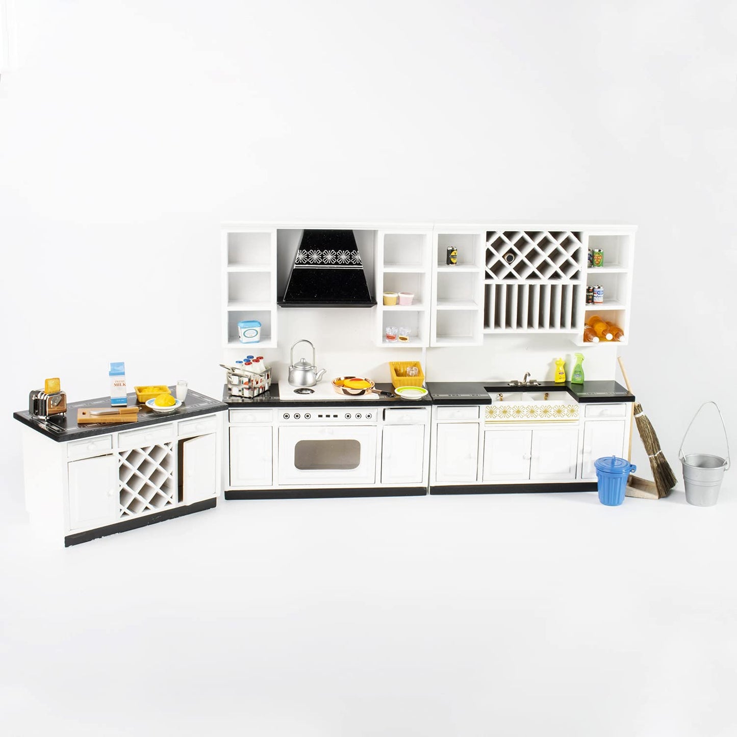 1:12 Scale Mini House Wooden Furniture Miniature Kitchen Cabinet Mini Bar Counter Furniture Set (White and Black)