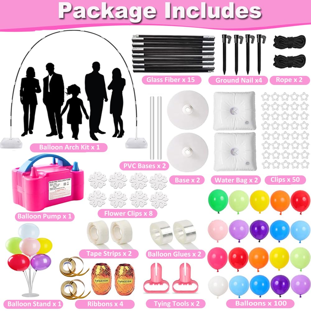 Balloon Arch Kit and Balloon Pump, 9Ft Tall & 10Ft Wide Adjustable Balloon Arch Stand Kit with Electric Pump, Balloons and Accessories for Birthday