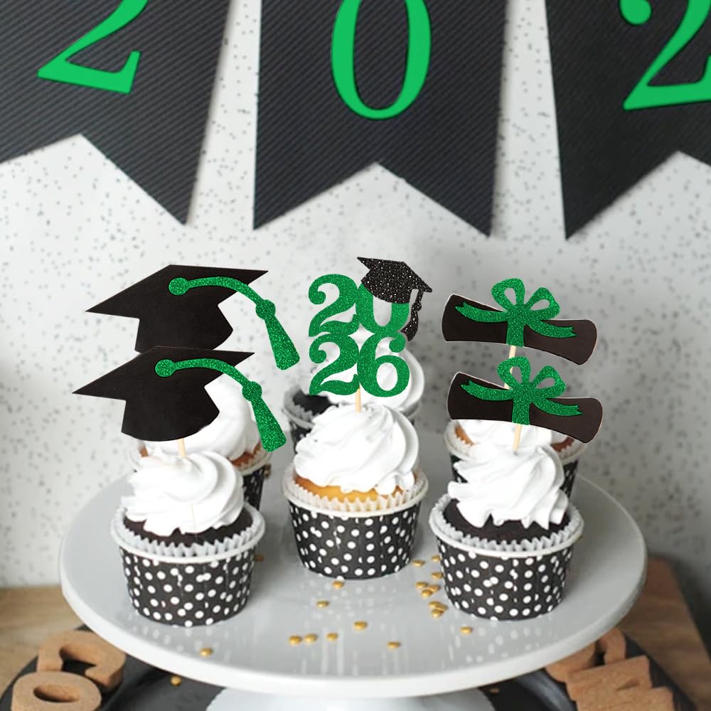 2026 Green Glitter Graduation Cupcake Topper