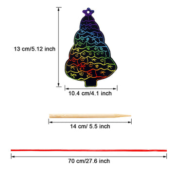 Aviski 96Pcs Christmas Tree Scratch Paper Rainbow Color Scratch Ornaments Christmas Decorations Hanging Craft Art Kits with Wooden Stick and Ribbon