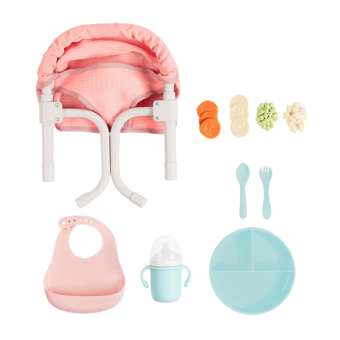 LullaBaby - Doll Clip On Table Seat - 14-inch Baby Doll Accessories - Bib & Pretend Food - Imaginative Play - Toy for Kids 2 Years +