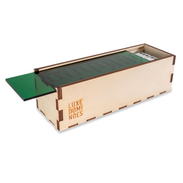 Deluxe Modern Domino Set Double Six, with Jumbo Sized Tournament Dominoes Black and White Two Toned with Spinner (Rivets) in Wood Box with Acrylic Top