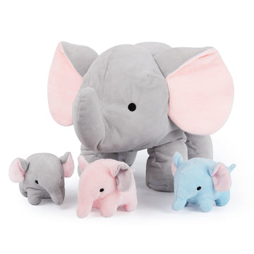 WEIGEDU Elephant Plush Toy Set - 4-Piece Stuffed Animal Family with Zipper Storage | Soft Elephant Dolls for Toddlers & Kids | Grey, Blue, Pink
