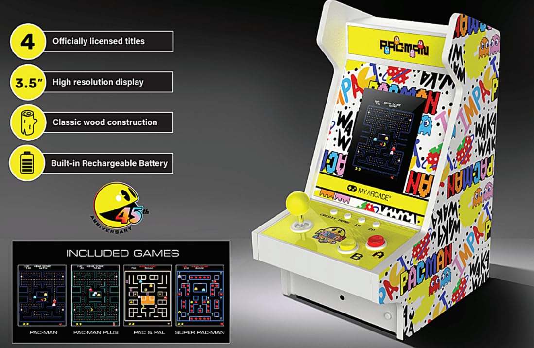 My Arcade Pac-Man Mighty Player: Retro Gaming, 11 inch Countertop Arcade, Illuminated Marquee, 4 Games in 1, Rechargeable Battery