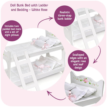 Badger Basket Doll Bunk Bed with Ladder and Bedding - Stylish White & Rose Design for 18 to 20-Inch Dolls with Pillows and Blankets