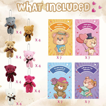 28PCS Valentine's Day Gift Cards Plush Bear Stuffed Keychain Toys, Mini Stuffed Animal Plush Toys Keychains for Kids School Classroom Rewards