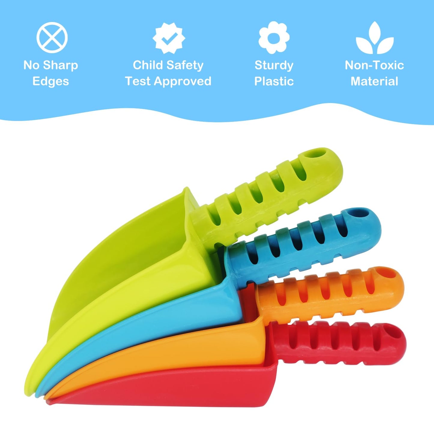 LoayBhok Beach Shovel Toys for Kids: Heavy Duty Plastic Sand Shovels Tools for Toddlers - 4 Pack Outdoor Digging Sandbox Toys Sets