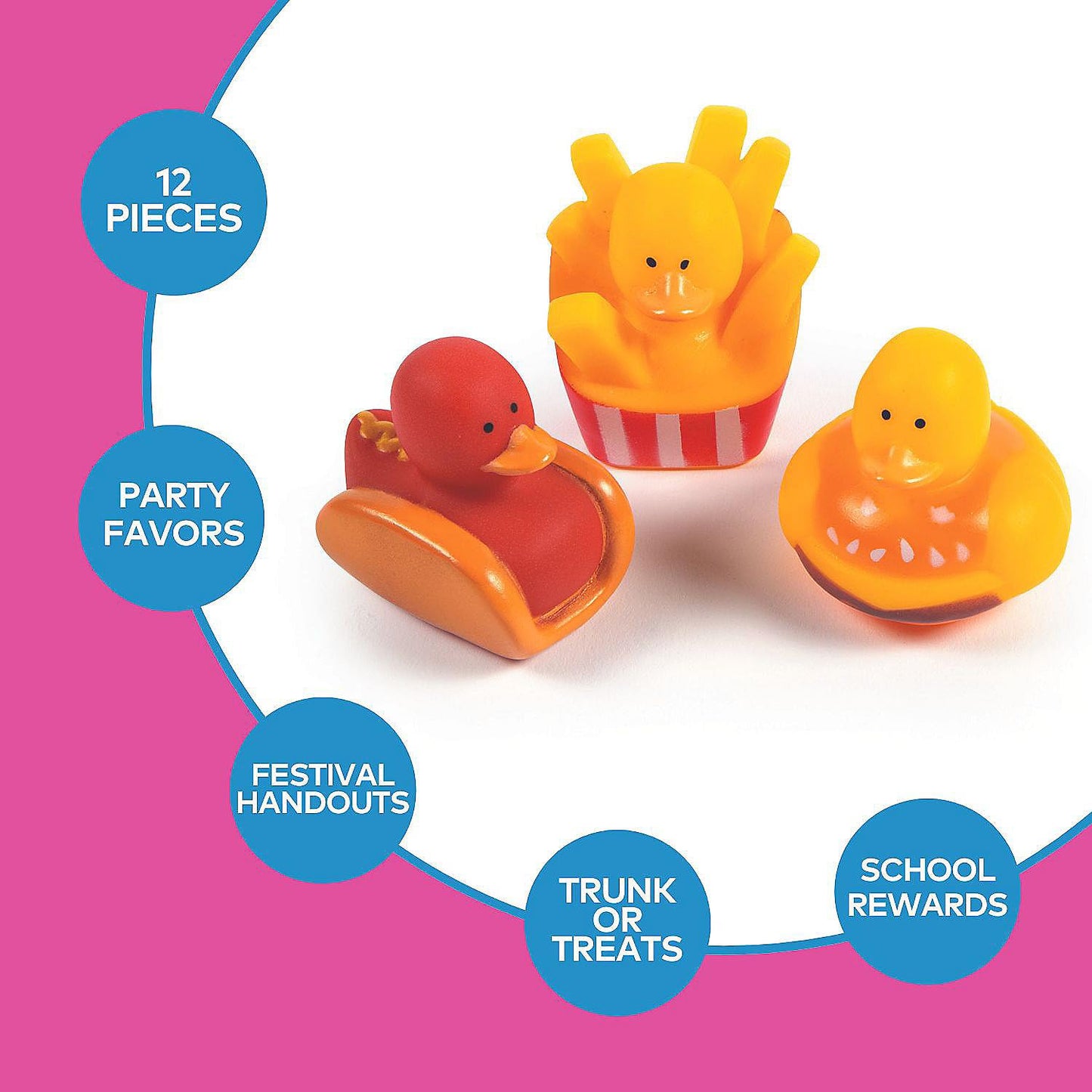 Fun Express 2" Fast Food Hamburger, French Fries & Hot Dog Rubber Ducks - 12 Pc | Foodie-Themed Party Favor Toys | Set of 12