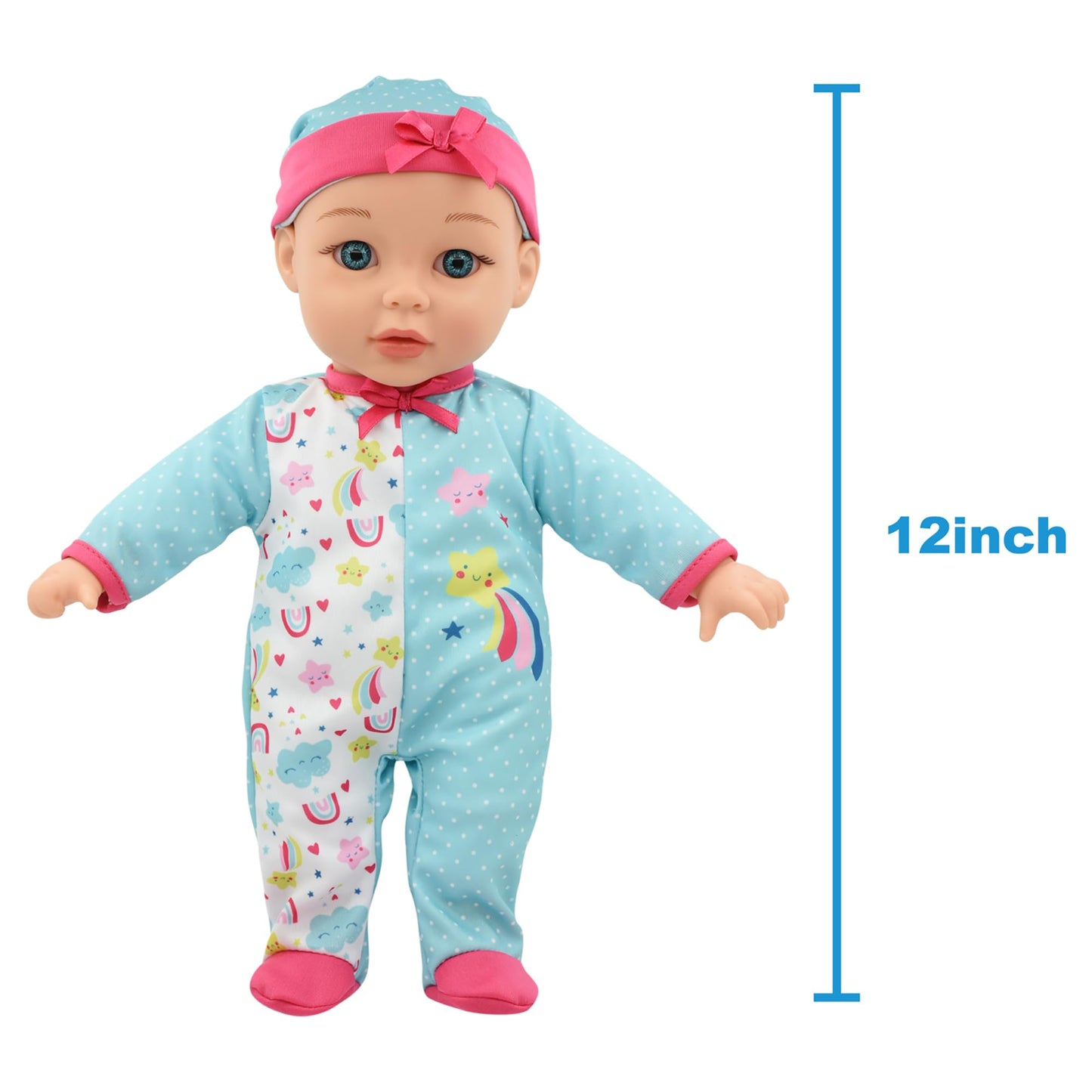 New Adventures Little Darlings: 12" Bassinet Baby Doll Set - Teal, Pink, Stars - Soft Body Doll, Plastic Bassinet, Accessories, Toddler Kids Ages 2+