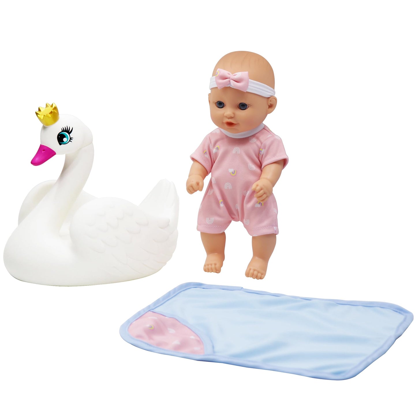 Dream Collection: 10" Bath Time Baby Doll & Swan Floatie Set - Onesie Outfit & Headband, Swaddle Blanket Towel, Hard Body, Water Play Toy Set, Kids 2+