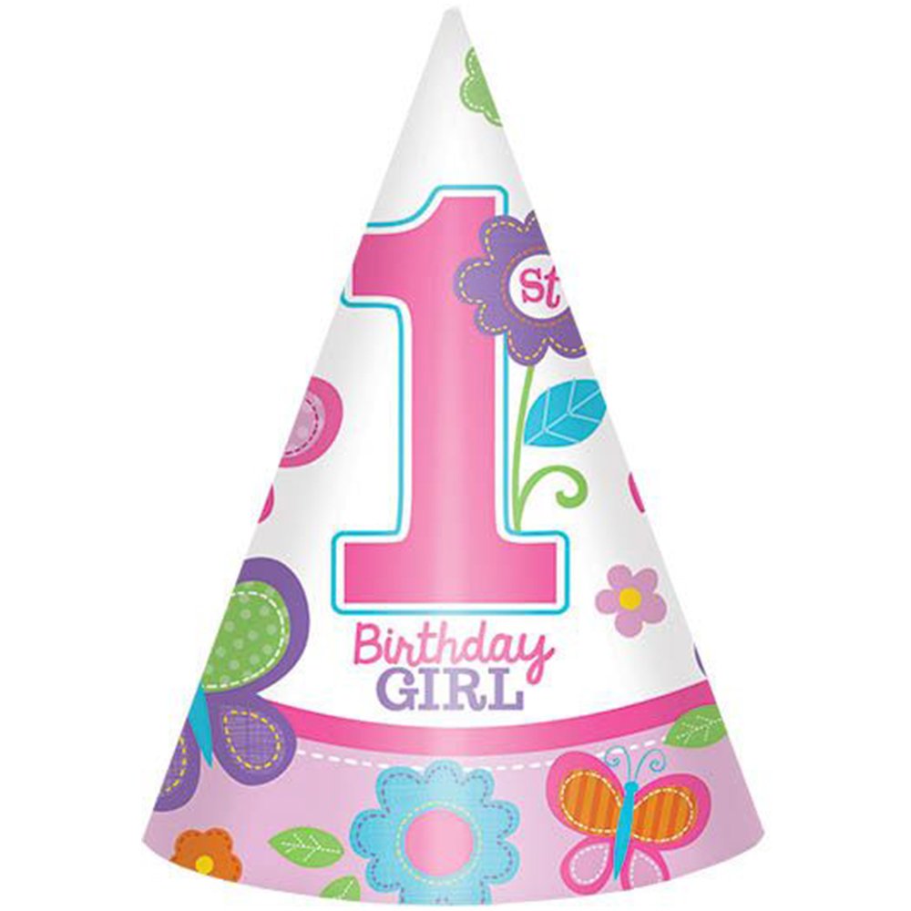 Party Cone Hats | 1st Birthday Girl | Flowers and Butterflies Collection