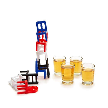 Two's Company Piece Drink Up Stacking Game in Gift Box Includes: 4 Shot Glasses, 24 Chairs, Drawstring Storage Bag, One Size, Multicolor
