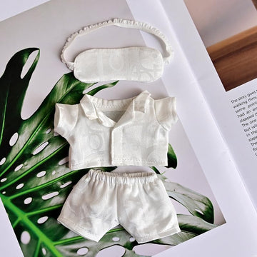 Sleepwear Set with Eye Mask for Labubu 17cm POP MART Dolls - Includes Cozy Pajamas and Matching Eye Mask (No Doll Included) (White)