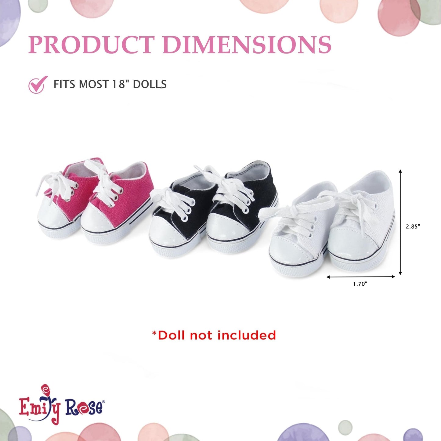 Emily Rose 18-inch Doll Canvas Sneakers 3-Pack - Pink, White & Black Tennis Shoes - 18" Doll Accessories Gift Set - Compatible with American Girl &