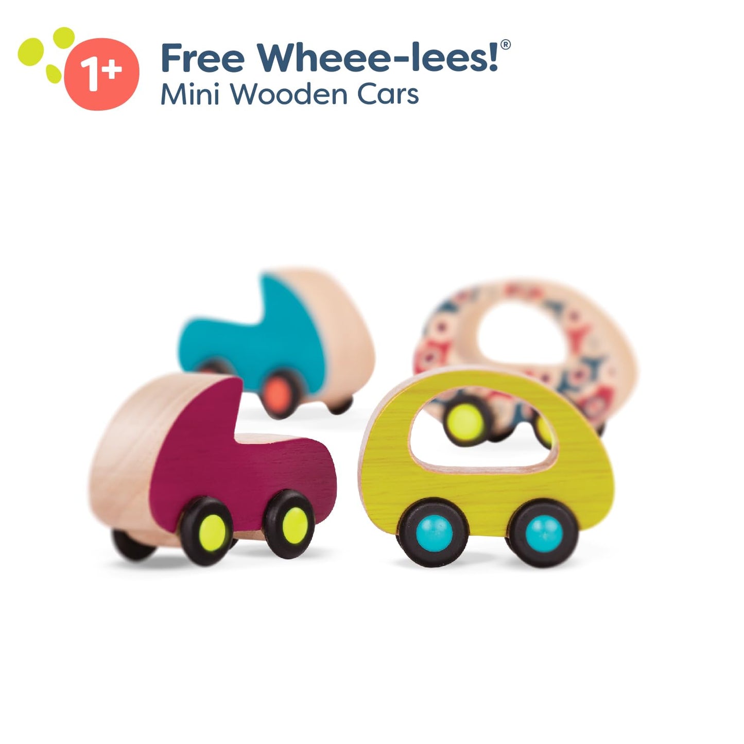 B. toys Wooden Toy Cars Set, Free Wheee-Lees, 6 Mini Vehicles, Wood Toys