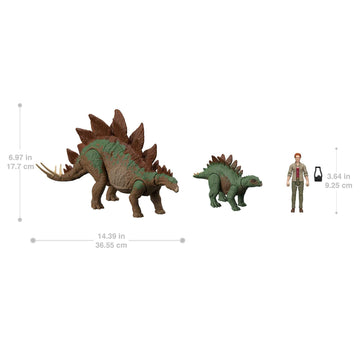 Jurassic World HHK91 A New Age Legacy Collection Dr Sarah Harding with Large and Small Stegosaurus Dinosaur, Authentic and Articulated Figures, 9.5
