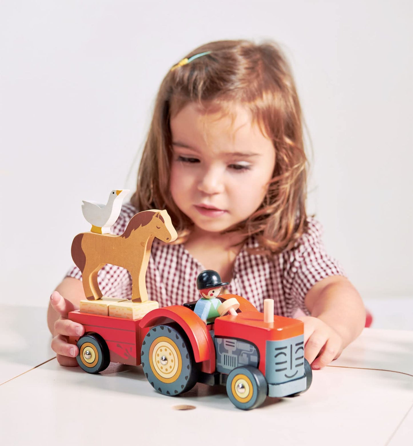 Tender Leaf Toys - Farmyard Tractor - Wooden Tractor Toy with Removeable Trailer, Animals and Accessories - Open-Ended Play Toy, Farm Pretend Play