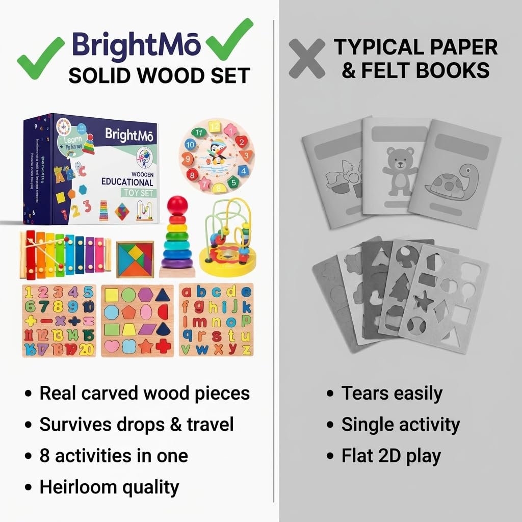BrightM? Montessori Toys for 3 Year Olds, 8-in-1 Wooden Travel Activity Set - Alphabet, Number & Shape Puzzles, Xylophone, Bead Maze - Compact Busy