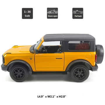 2-Door Bronco Badlands Model Car 1/36 Scale Diecast Toy Cars Metal Alloy Children’s Vehicles, Pull Back Doors Open, Black Rim, Mens Collection, Kids