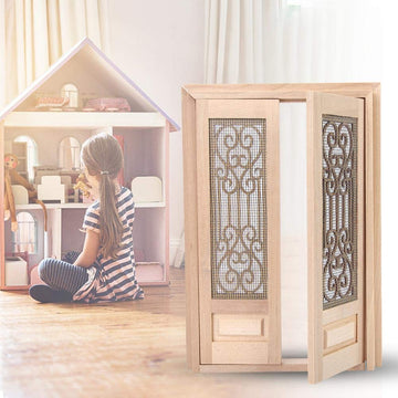 Doll Door, 1:12 Dollhouse Furniture Miniature DIY Hollow Wooden Door Set Wood Exterior Door Excellent Furniture Model