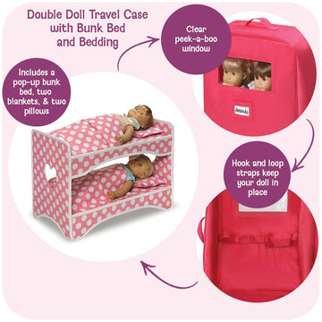 Badger Basket Double Doll Travel Case - Fits 18 Inch Dolls - Includes 2 Doll Beds, Blankets, Storage Compartments, Carry Handle - Lightweight Portable