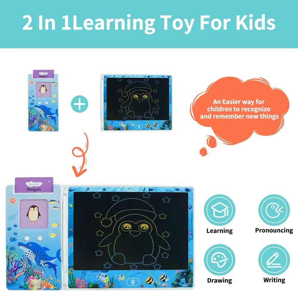 DKQFOO 2-in-1 LCD Writing Tablet & Talking Flash Cards for Kids