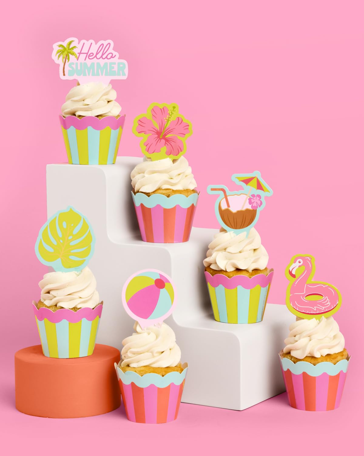 xo, Fetti Pool Party Cupcake Toppers and Wrappers - 24 Pc Set | Summer Birthday Decorations, Tropical Luau, Hawaiian Theme, Kids Party, Beach Ball