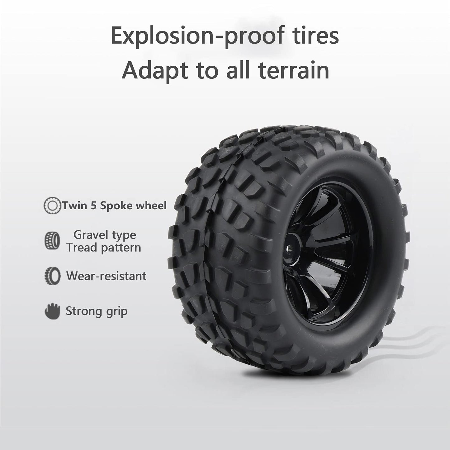4X RC 1/10 Scale Monster Truck Tires Gravel Tread w/ 5 Spokes Wheel Rim