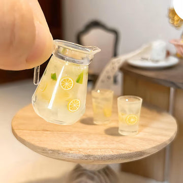 3pcs Miniature Lemonade Pitcher Set, Dollhouse Glasses Bottle Lemonade, Mini Lemon Fruit Ice Tea, for Dollhouse Miniature Kitchen, Fairy Garden
