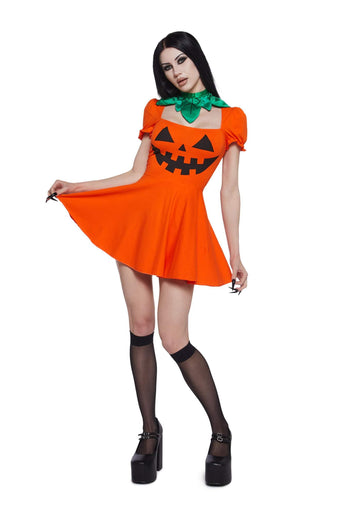 Dolls Kill Pumpkin Dress by Trickz N’ Treatz - Women’s Orange Jack-O’-Lantern Mini Dress with Puff Sleeves & Leaf Collar, Orange, X-Small