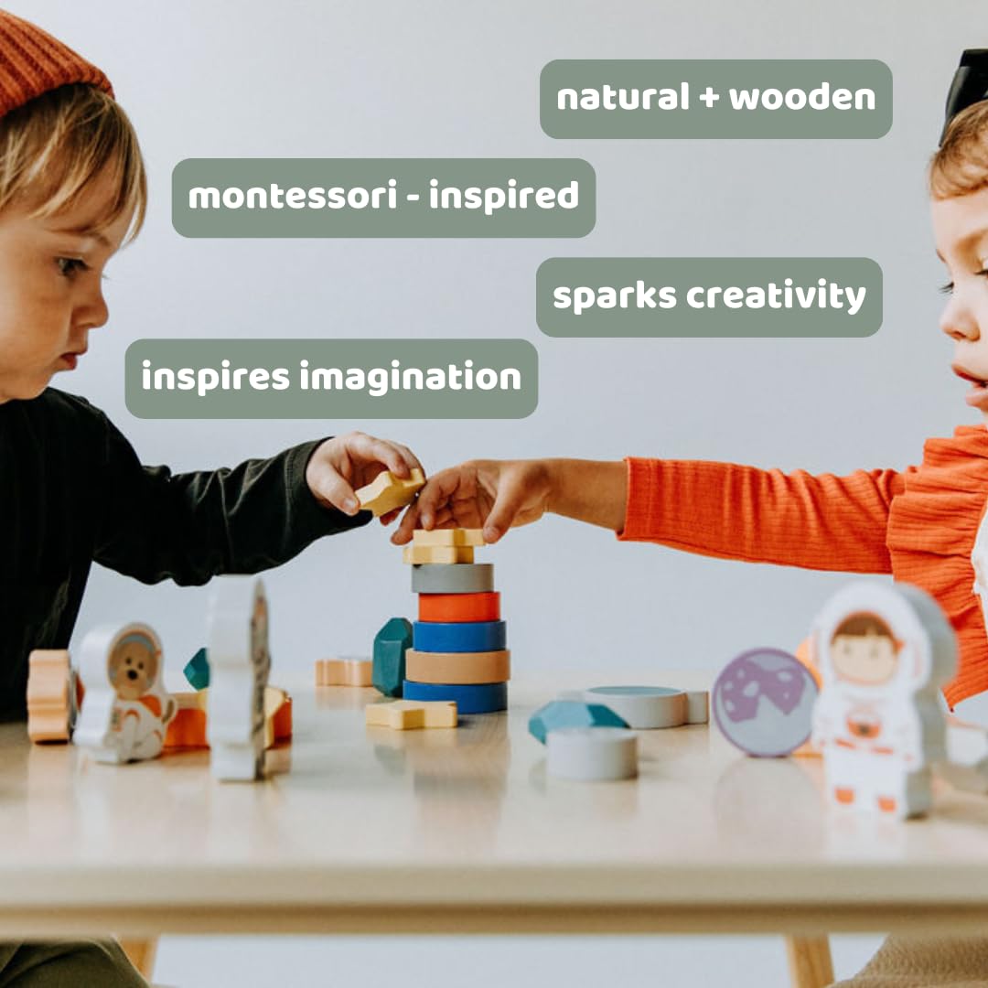 Toddler 30 Piece Stacking Wood Blocks Space Gift - Montessori 2 Year Old Fine Motor Skills Toy Learning Stacking Shape Sorter Sensory Preschool Busy