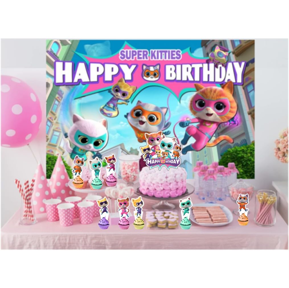 25pcs Super Cats Cake Decorations with 24pcs Cupcake Toppers, 1pcs Cake Topper for cats Birthday Party Supplies