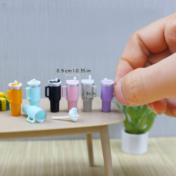 Miniature Drink Cup & Toast Set, Realistic Dollhouse Miniatures, Mini Tumbler with Detachable Lid & Straw, 1/12 Scale Food for Dollhouse Décor