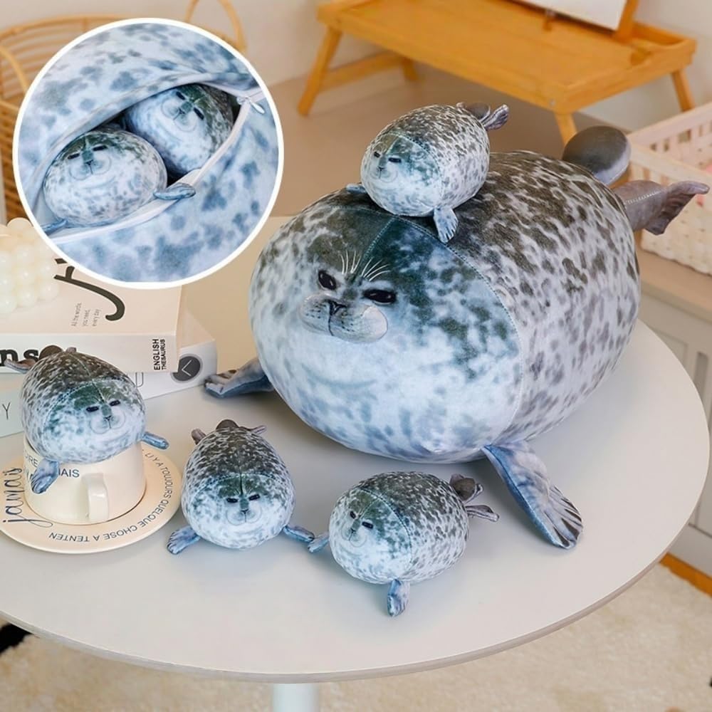 TONGMAN 19.6Inch - Chubby Blob Seal Pillow Cute Seal Plush with 4 Baby Plushies in Her Tummy, Soft Cotton Stuffed Animals Toy - Kids Gifts