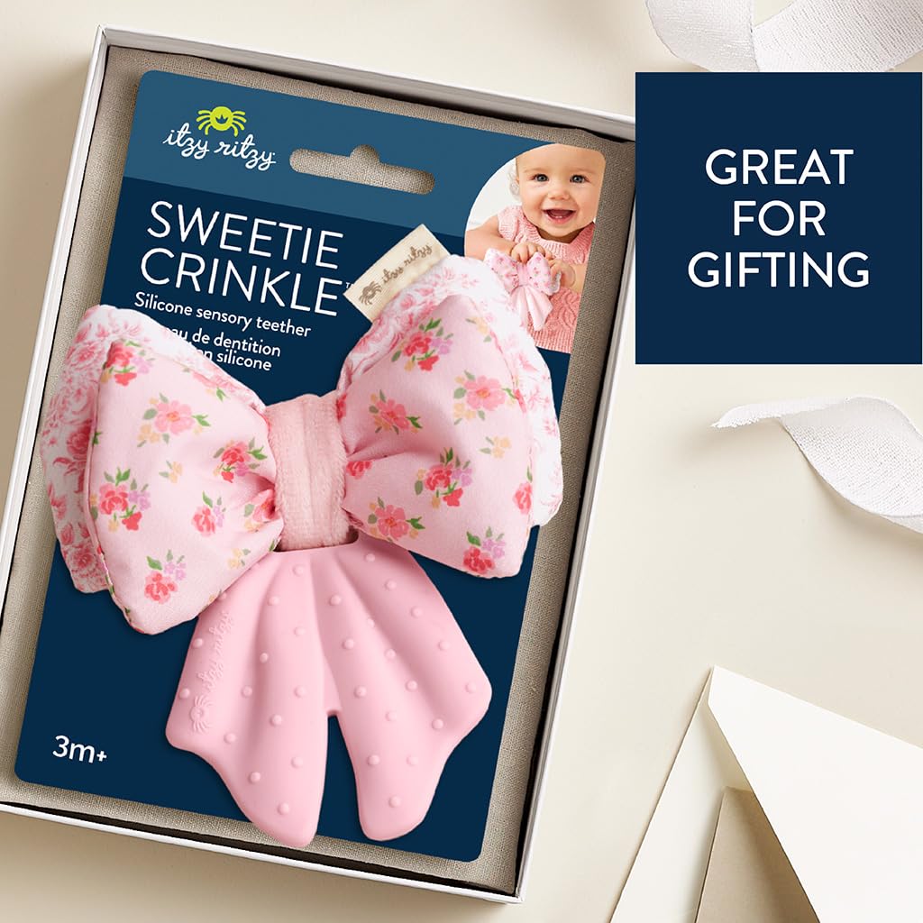 Itzy Ritzy Crinkle Teether Toy - Bow Teething Toy Includes Silicone, Velour & Crinkle Material - Features Multiple Textures for Teething Relief