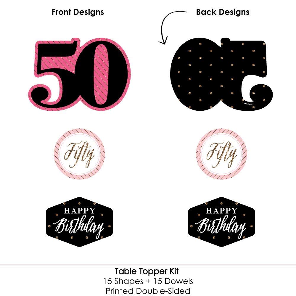 Big Dot of Happiness Chic 50th Birthday - Pink, Black and Gold - Birthday Party Centerpiece Sticks - Table Toppers - Set of 15