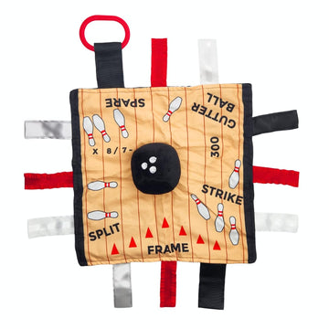 Baby Jack & Co 10x10 Bowling Sports Lovey Sensory Plush Blanket - Tag Toys for Babies - Baby Stroller Toys - Learn Shapes, Letters & Colors - Perfect