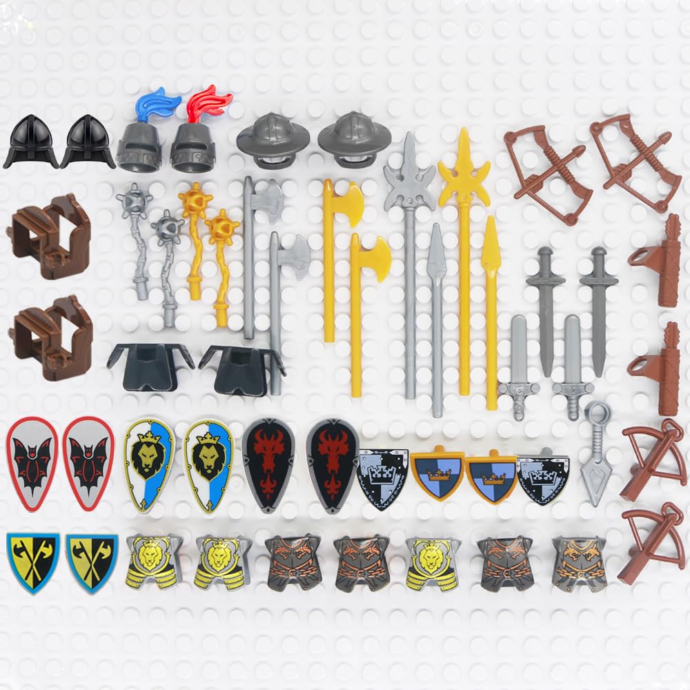 BroTex Knights People Accessories Building Block - Medieval Weapon Armor Swords Helmet Horse, Castle Knight Shield Spear, MOC Bricks Parts Toys Sets