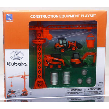 New Ray Kubota Die-Cast Construction Vehicles Set, Plastic Engineering Toys Playset Includes Steer Loader, Mini Excavator, Wheel Loader, Oil Drums