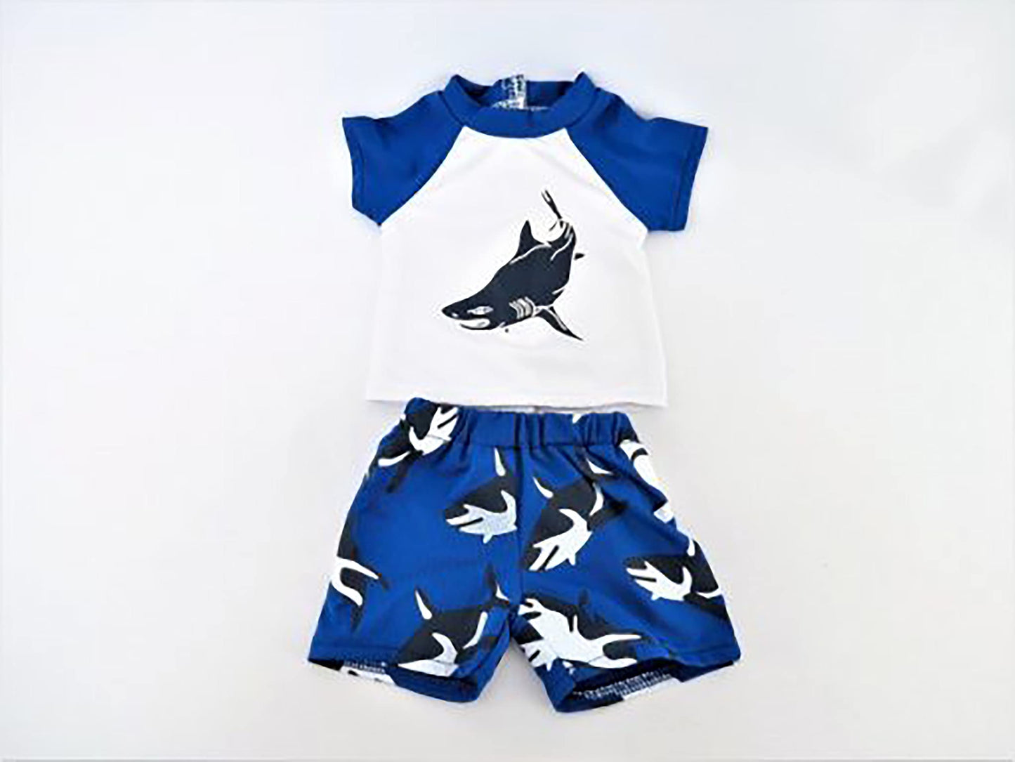 American Fashion World Shark Rash Guard and Swim Trunks Bathing Suit for 18-Inch Dolls | Accessories Included | Dolls Clothes | Outfit Fashions for
