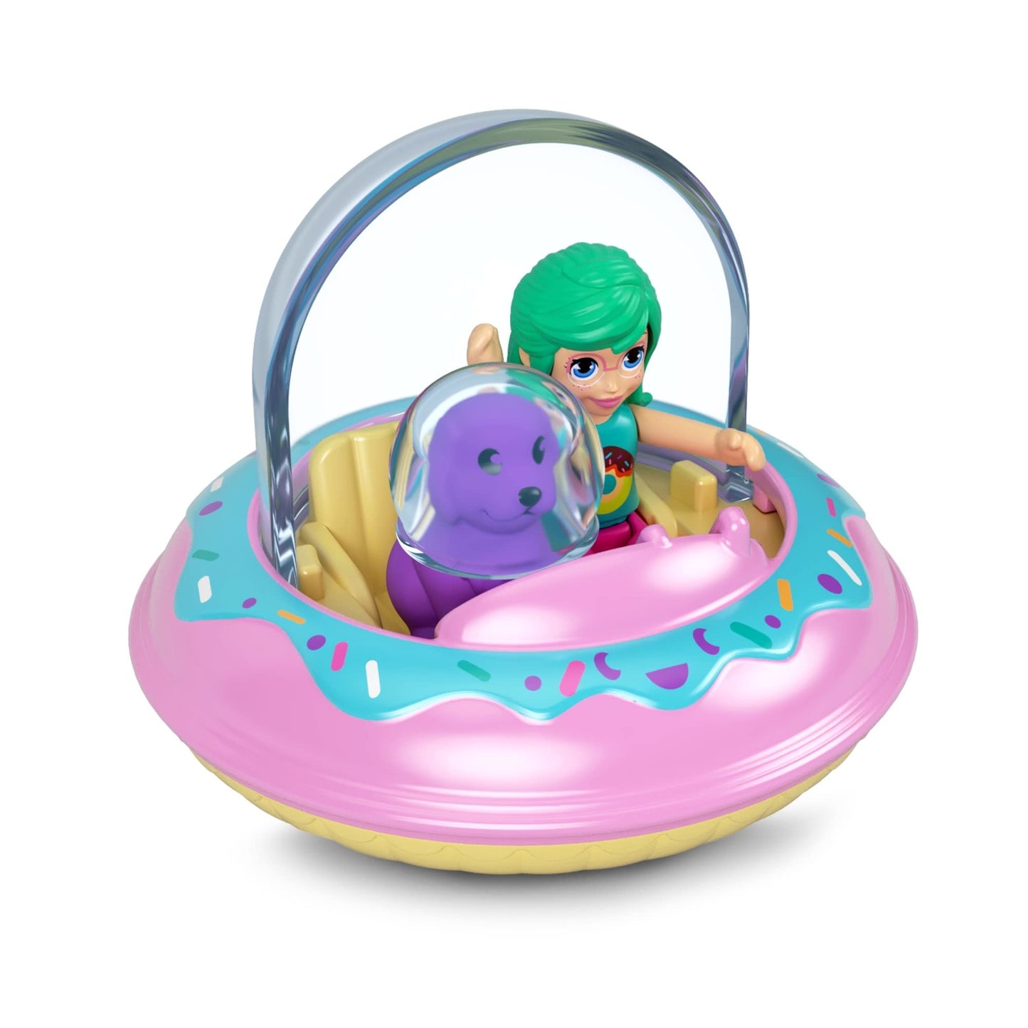 Polly Pocket Collectible Micro Mini Metal Vehicle, Poseable Doll and Pet Set - Polly's Friend Doll with Donut Theme UFO and Purple Puppy (with Space