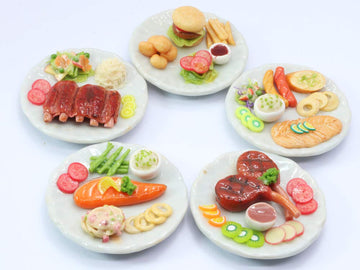 ThaiHonest Mixed 5 Assorted Dollhouse Miniature Lamb Salmon and Burger Set,Tiny Food